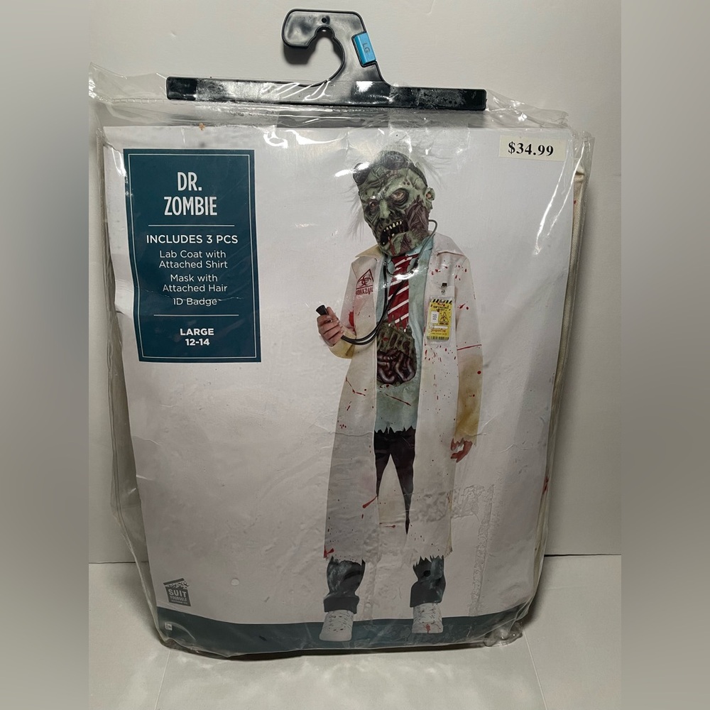 Brand New Dr. Zombie 3 piece Costume. Lab Coat, Mask, ID Badge Child Large 12-14
